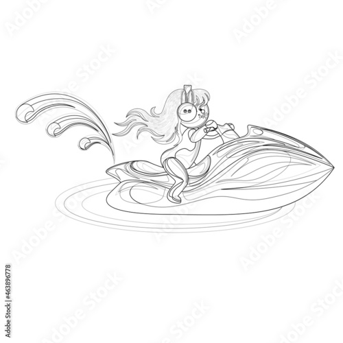 Vector image of a stylized little man rolling on a jet ski. Red-haired girl in a swimsuit in outline. Concept. EPS 10