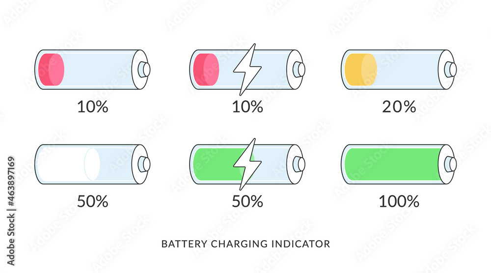 Battery charging indicators icons set. Flat vector illustration of several batteries from low to full charged status. Mobile interface symbols for recharging elements and power banks capacity Battery charging indicators icons set. Flat vector illustration of several batteries from low to full charged status. Mobile interface symbols for recharging elements and power banks capacity
