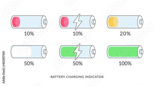 Battery charging indicators icons set. Flat vector illustration of several batteries from low to full charged status. Mobile interface symbols for recharging elements and power banks capacity