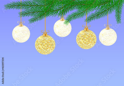 Christmas blue background with christmas balls. Holiday Xmas and New Year poster, web banner. Vector Illustration