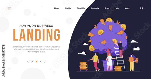 Happy tiny people growing money tree isolated flat vector illustration. Cartoon characters investing finances for revenue growth. Business prosperity, wealth and agriculture concept