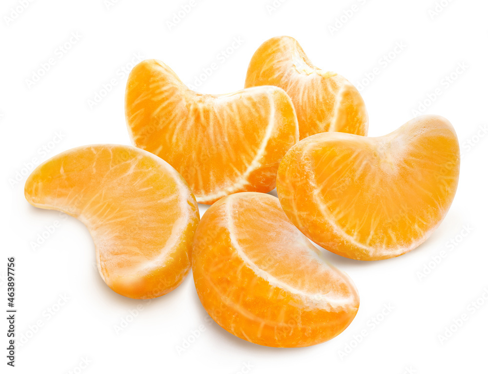 Tasty tangerine slices, isolated on white background