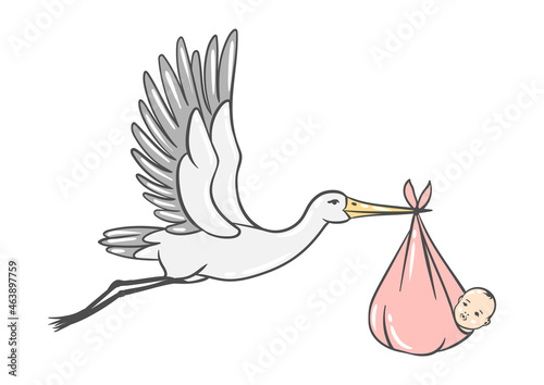 Illustration of stork carries newborn baby girl. Happy Birthday image. Holiday baby shower simbol.
