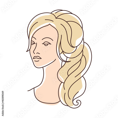 Illustration of beautiful young girl with hairdo on head. Image for hairdressing and wedding salons.