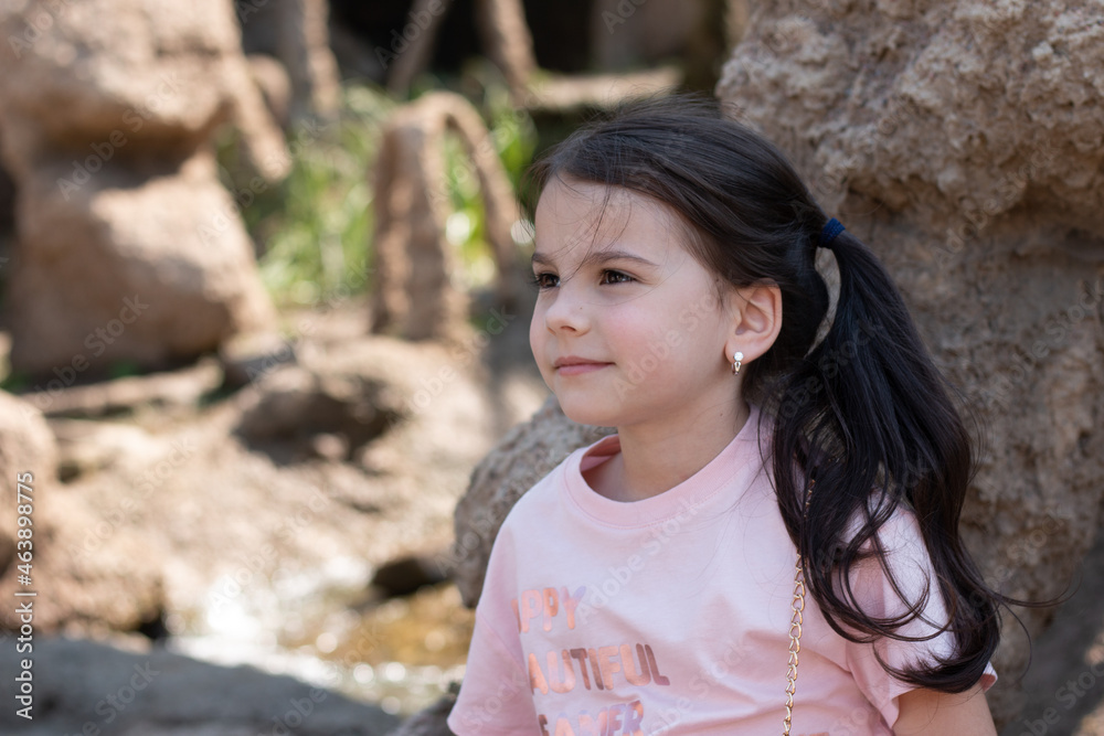 Little beautiful white girl with dark long hair on the background of a garden of stones Little beautiful white girl with dark long hair on the background of a garden of stones