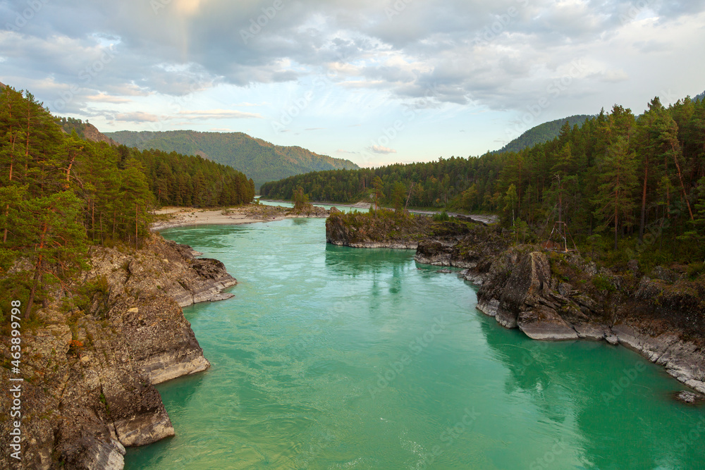 Altai Mountains, Katun River, View Of The Turquoise River Katun And Altai Mountains, Autumn Season Altai Mountains, Katun River, View Of The Turquoise River Katun And Altai Mountains, Autumn Season
