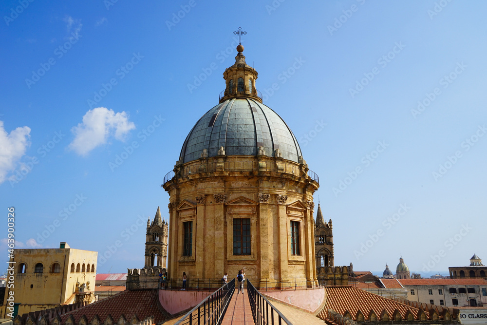 Palermo cathedral roof walk and dome sight on a sunny day, Sicily, Italy