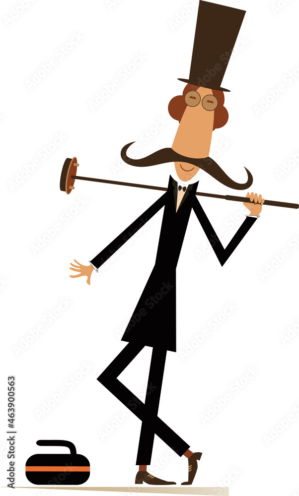 Mustache man in the top hat plays curling illustration.
Mustache gentleman in the top hat with curling brush and stone isolated on white
Mustache man in the top hat plays curling illustration.
Mustache gentleman in the top hat with curling brush and stone isolated on white