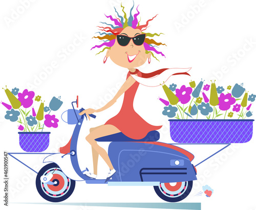 Pretty young woman, a motorbike and bouquets of flowers illustration.
Smiling young woman in sunglasses rides a scooter and carries a bouquets of flowers in the baskets isolated on white
