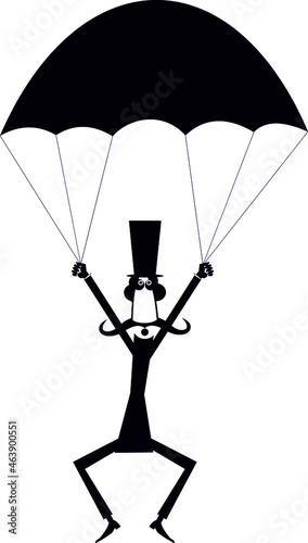 Cartoon skydiver man in the top hat illustration. 
Comic skydiver long mustache man in the top hat derives enjoyment from jumping black on white
