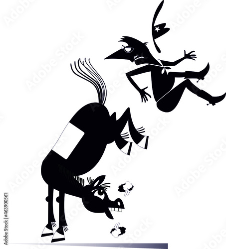 Cartoon rider falls from the horse illustration. 
Funny horse kicks a falling down man or cowboy black on white
