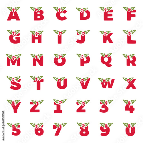 Set of letters and numbers decorated with mistletoe. Christmas alphabet vector clip art.