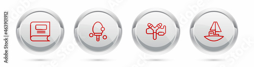 Set line Book, Racket, Slingshot and Toy boat. Silver circle button. Vector