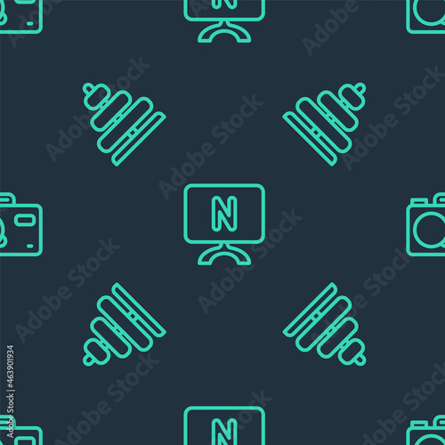 Set line Smart Tv, Pyramid toy and Photo camera on seamless pattern. Vector
