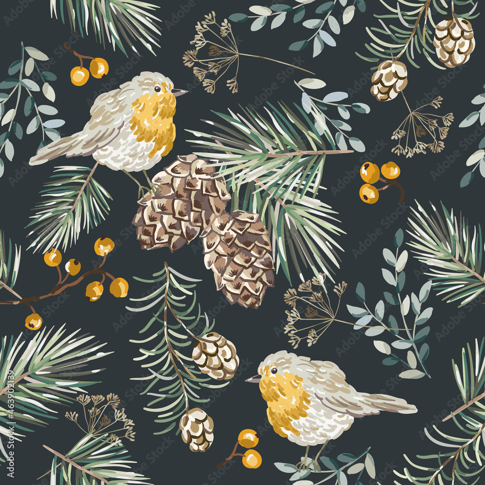 Christmas seamless pattern, robin birds,  berries, fir twigs, cedar cones, black background. Vector illustration. Nature design. Season greeting. Winter Xmas holidays - obrazy, fototapety, plakaty 