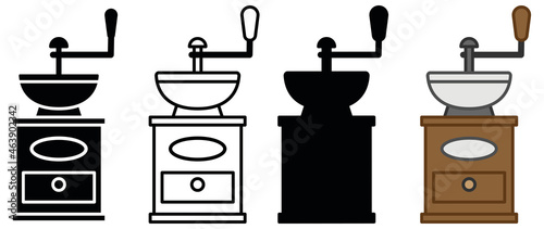 Vintage Coffee Grinder Clipart Set - Outline, Silhouette and color