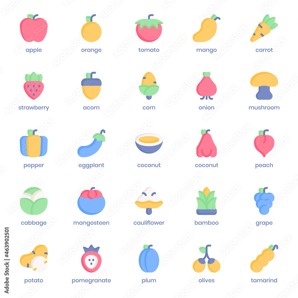 Fruit and Vegetable icon pack for your website design, logo, app, UI. Fruit and Vegetable icon flat design. Vector graphics illustration and editable stroke.