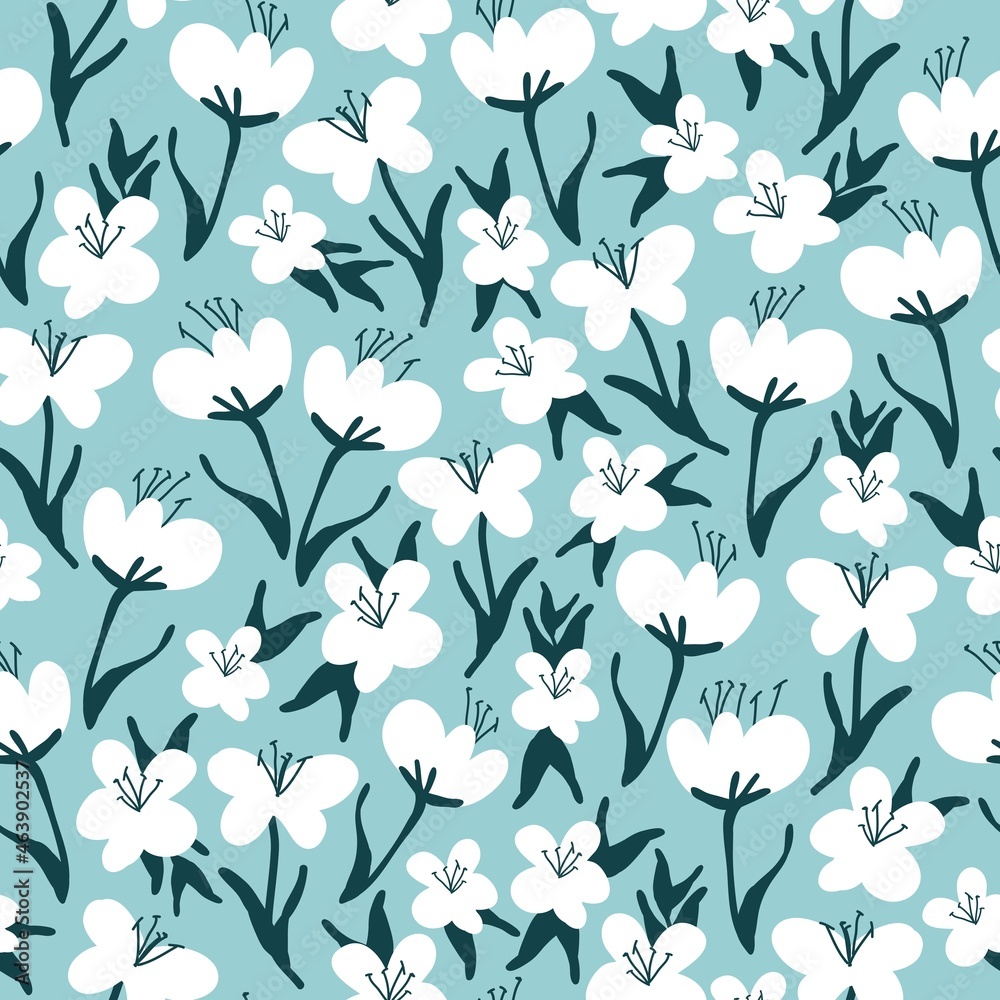 Seamless vintage pattern abstract. Wonderful white flowers and dark blue leaves on a light blue background. vector texture. fashionable print for textiles, wallpaper and packaging.