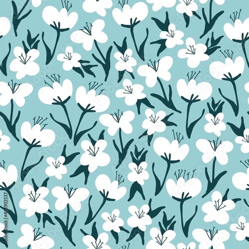 Seamless vintage pattern abstract. Wonderful white flowers and dark blue leaves on a light blue background. vector texture. fashionable print for textiles, wallpaper and packaging.