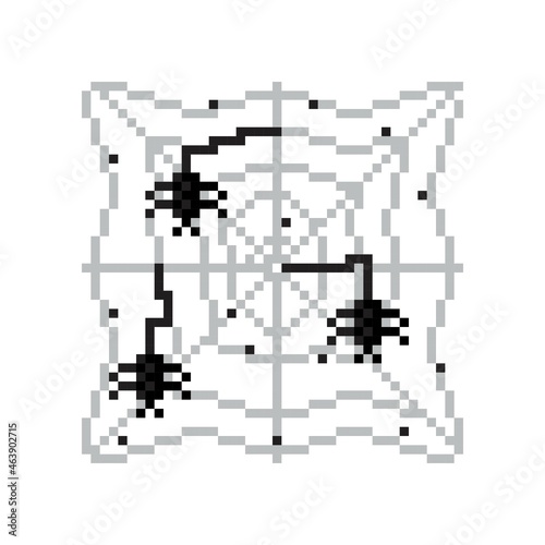 Spider web and spiders icon pixel art. Halloween Pixel art. Vector illustration.