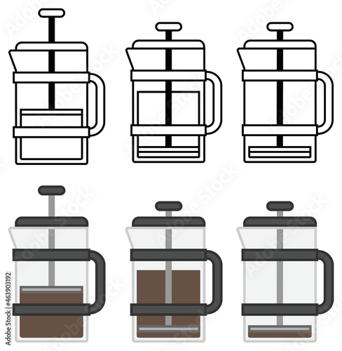 French Press for Coffee Clipart Set - Outline, Silhouette and Color