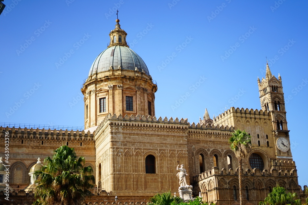 Palermo cathedral dome detail view on a sunny day, Sicily, Italy