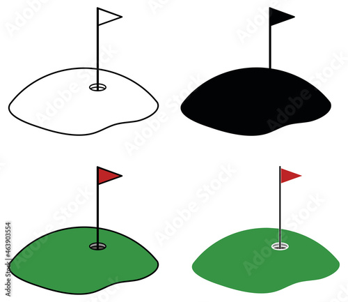 Golf Hill and Hole with Flag Clipart Set - Outline, Silhouette and Color