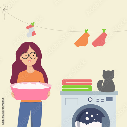 Happy girl in the laundry. The woman washes things. Vector illustration. Big washing.