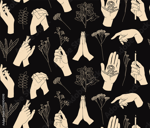 Seamless pattern with female hands and flowers. Vector illustration. Linear hand drawings. Collection of illustrations for packaging design for hand care products.