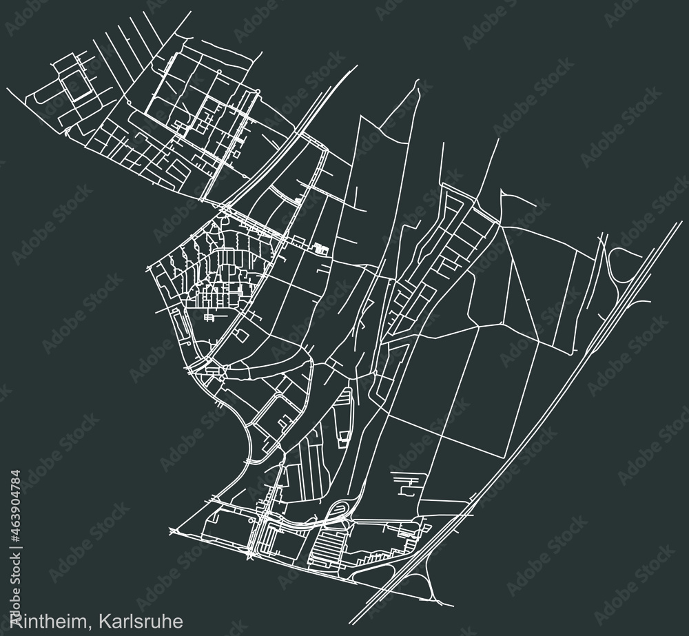 Detailed navigation urban street roads map on vintage beige background of the quarter Rintheim district of the German regional capital city of Karlsruhe, Germany
