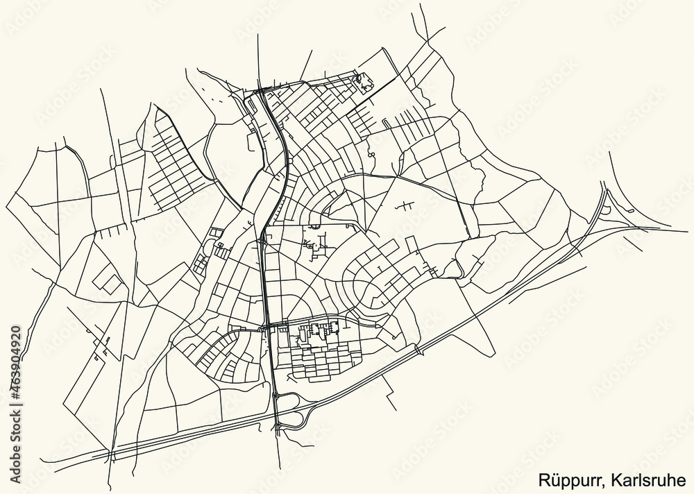 Detailed navigation urban street roads map on vintage beige background of the quarter Rüppurr district of the German regional capital city of Karlsruhe, Germany