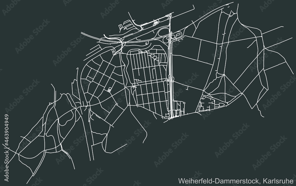 Detailed navigation urban street roads map on vintage beige background of the quarter Weiherfeld-Dammerstock district of the German regional capital city of Karlsruhe, Germany