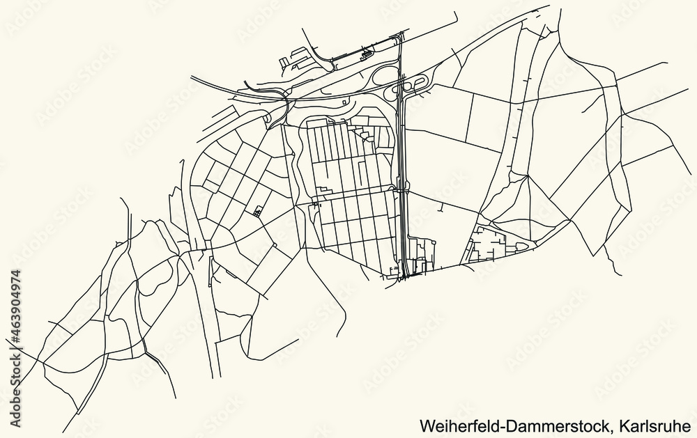 Naklejka premium Detailed navigation urban street roads map on vintage beige background of the quarter Weiherfeld-Dammerstock district of the German regional capital city of Karlsruhe, Germany