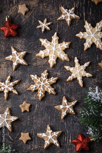 Christmas gingerbread cookies in shape of snowflake