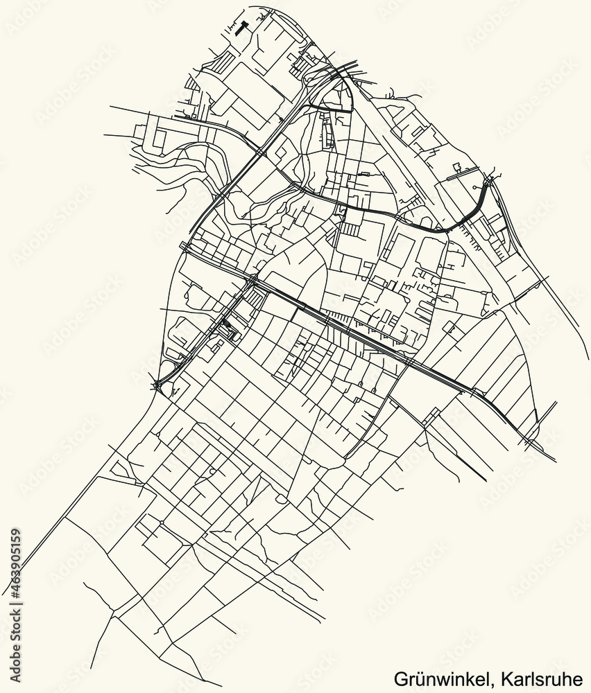 Naklejka premium Detailed navigation urban street roads map on vintage beige background of the quarter Grünwinkel district of the German regional capital city of Karlsruhe, Germany