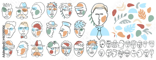 Big set of Men faces in minimal continuous drawn one line style and simple color shapes. Male portraits. Sketch vector man illustration for modern design. Abstract minimalist man head silhouettes.
