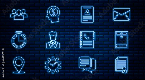Set line Certificate template, Envelope, Identification badge, User of man in business suit, Stopwatch, Users group, Phone book and Business planning mind icon. Vector