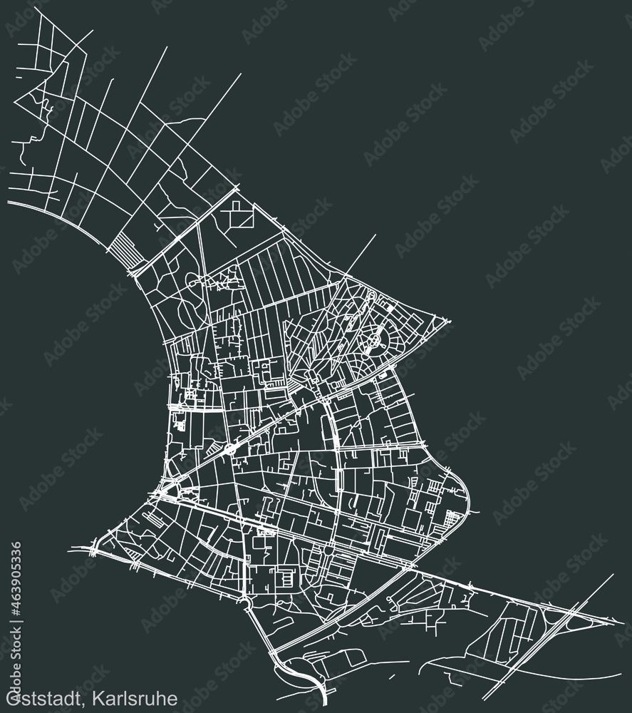 Detailed navigation urban street roads map on vintage beige background of the quarter Oststadt district of the German regional capital city of Karlsruhe, Germany