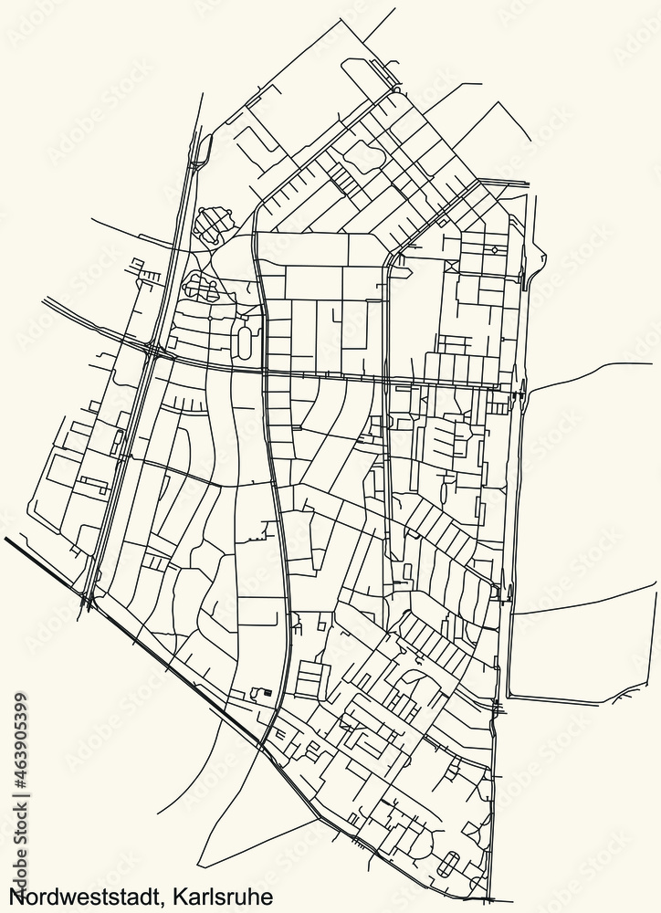 Naklejka premium Detailed navigation urban street roads map on vintage beige background of the quarter Nordweststadt district of the German regional capital city of Karlsruhe, Germany