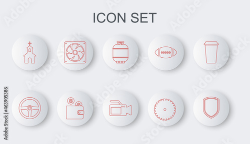 Set line Shield, Steering wheel, Propane gas tank, Circular saw blade, Church building, Computer cooler, Wallet with coin and Cinema camera icon. Vector