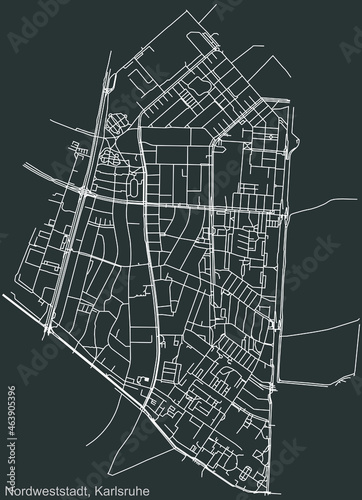 Detailed navigation urban street roads map on vintage beige background of the quarter Nordweststadt district of the German regional capital city of Karlsruhe, Germany