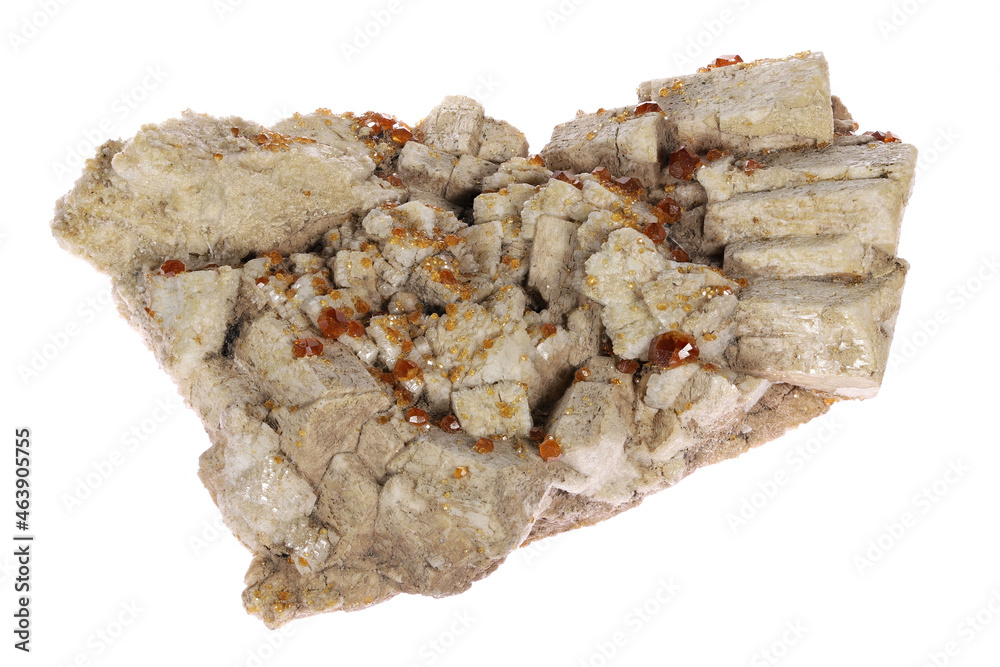 spessartine on feldspar from Longchang, China isolated on white background spessartine on feldspar from Longchang, China isolated on white background