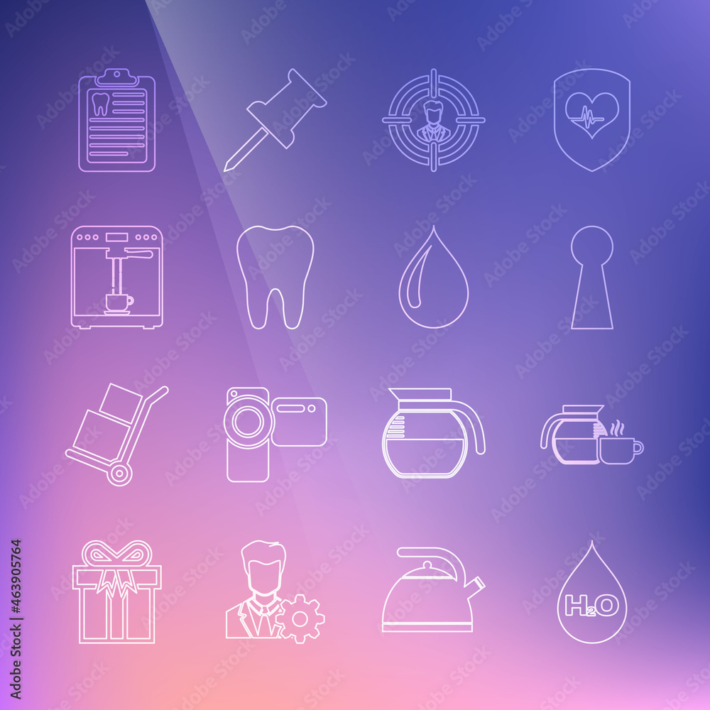 Set line Water drop with H2O, Coffee pot cup, Keyhole, Head hunting, Tooth, machine and, Clipboard dental card and icon. Vector Set line Water drop with H2O, Coffee pot cup, Keyhole, Head hunting, Tooth, machine and, Clipboard dental card and icon. Vector