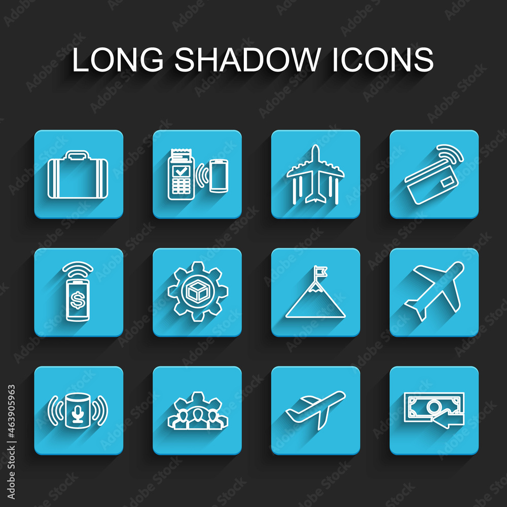 Set line Voice assistant, Project team base, Suitcase for travel, Plane, Cash back, Product development, and Mountains and flag icon. Vector Set line Voice assistant, Project team base, Suitcase for travel, Plane, Cash back, Product development, and Mountains and flag icon. Vector
