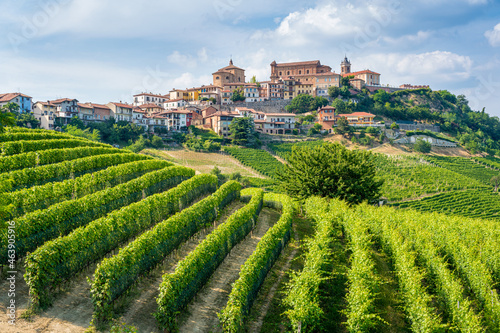 The beautiful village of La Morra and its vineyards in the Langhe region of Piedmont, Italy.