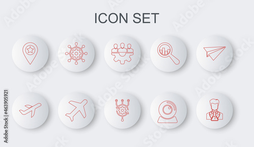 Set line Scientist and test tube, Plane, Project team base, Web camera, Location with star, management, and Algorithm icon. Vector