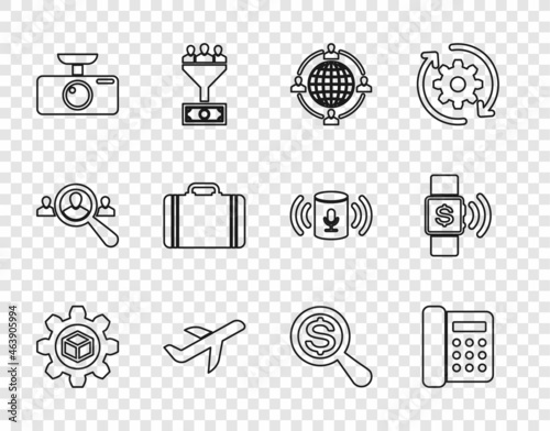 Set line Product development, Telephone, Outsourcing concept, Plane, Car DVR, Suitcase for travel, Magnifying glass and dollar and Contactless payment icon. Vector