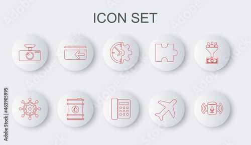 Set line Voice assistant, Project management, Clock and gear, Plane, Car DVR, Cash back, Barrel oil and Telephone icon. Vector