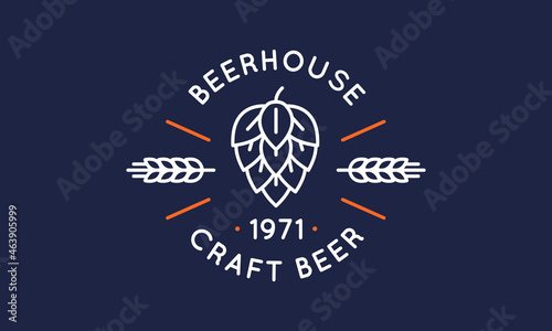 Beer House logo with hop and wheat icons. Craft beer logo in trendy line style. Beer label, emblem isolated on white background. Vector illustration