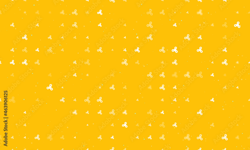 Seamless background pattern of evenly spaced white spinner symbols of different sizes and opacity. Vector illustration on amber background with stars